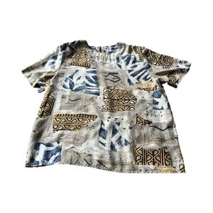 Anna & Frank‎ Vtg Silk Blouse Short Sleeve Shoulder Pads Abstract Animal Print